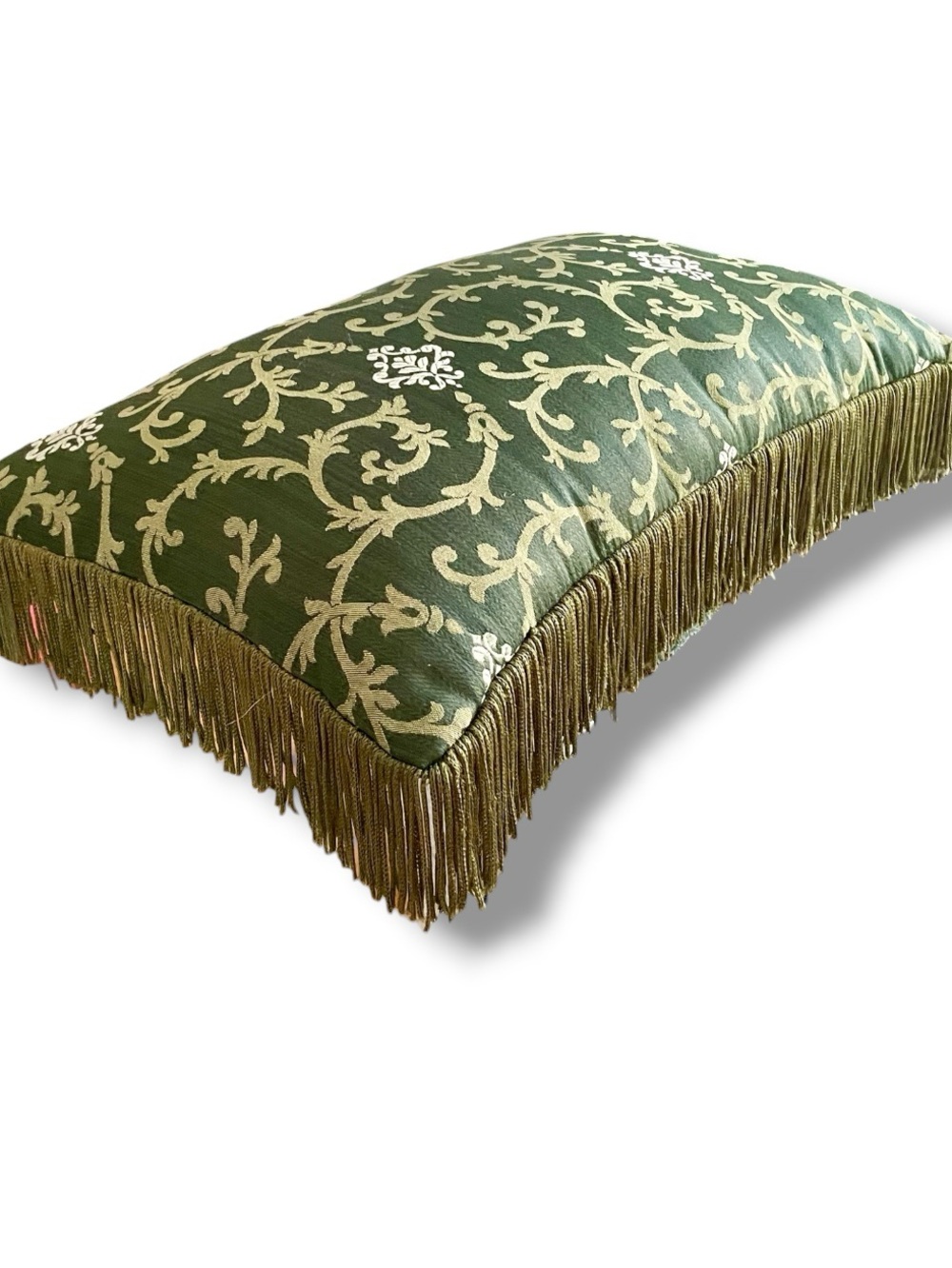 Vintage Stratford Home regal damask lumbar pillow, rope fringe on all sides